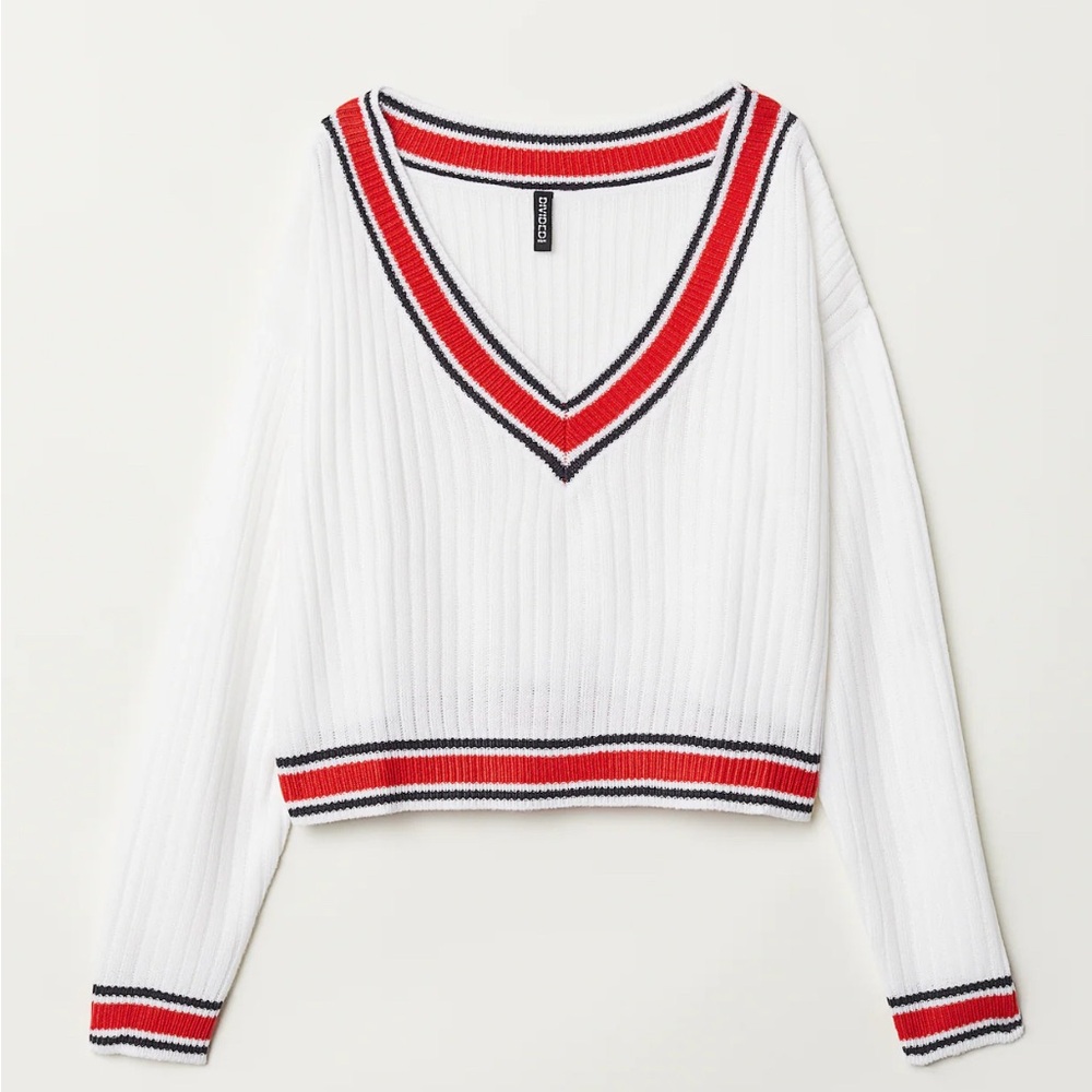 H&M White Sweater with Red and Black Accents
